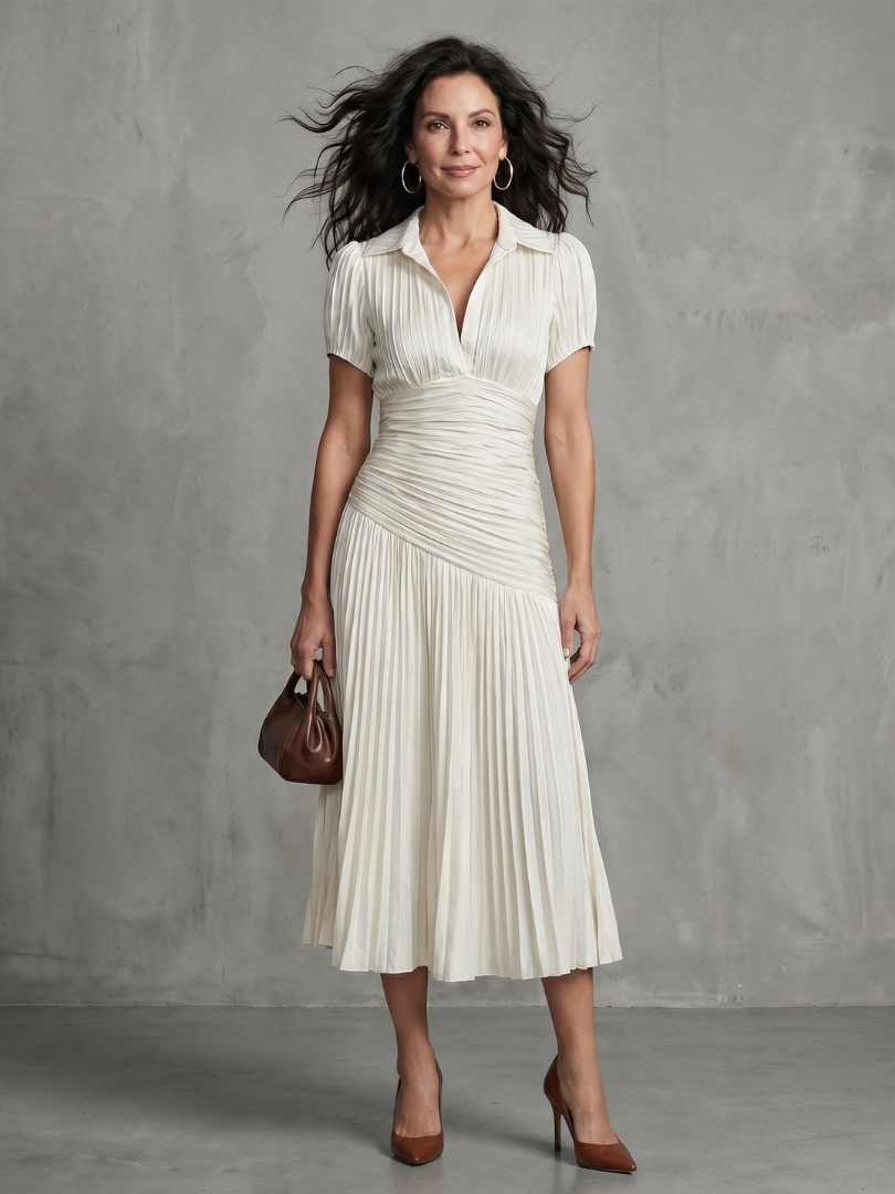 Theodora | Sukienka midi z plisowanym pasem i paskami