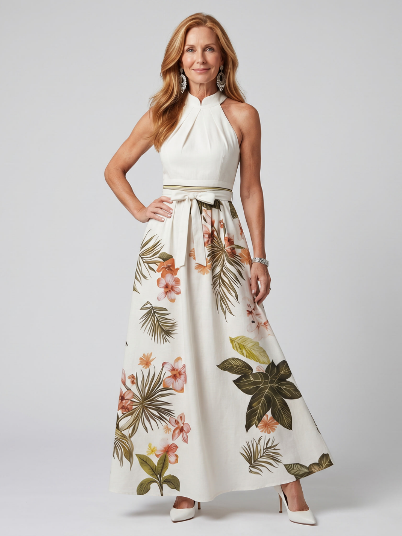 Łąka | Sukienka Maxi z Halterem i Botanicznym Panelem