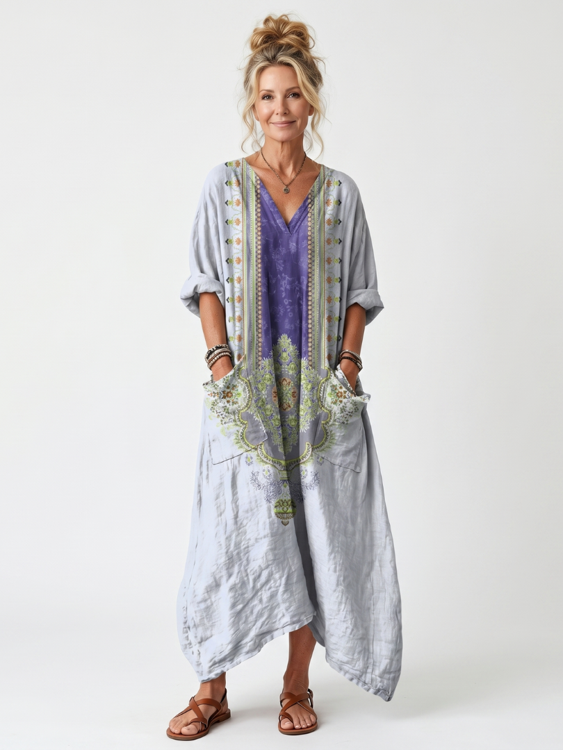 Raina | Sukienka midi z haftowanym panelem kontrastowym i dużymi kieszeniami