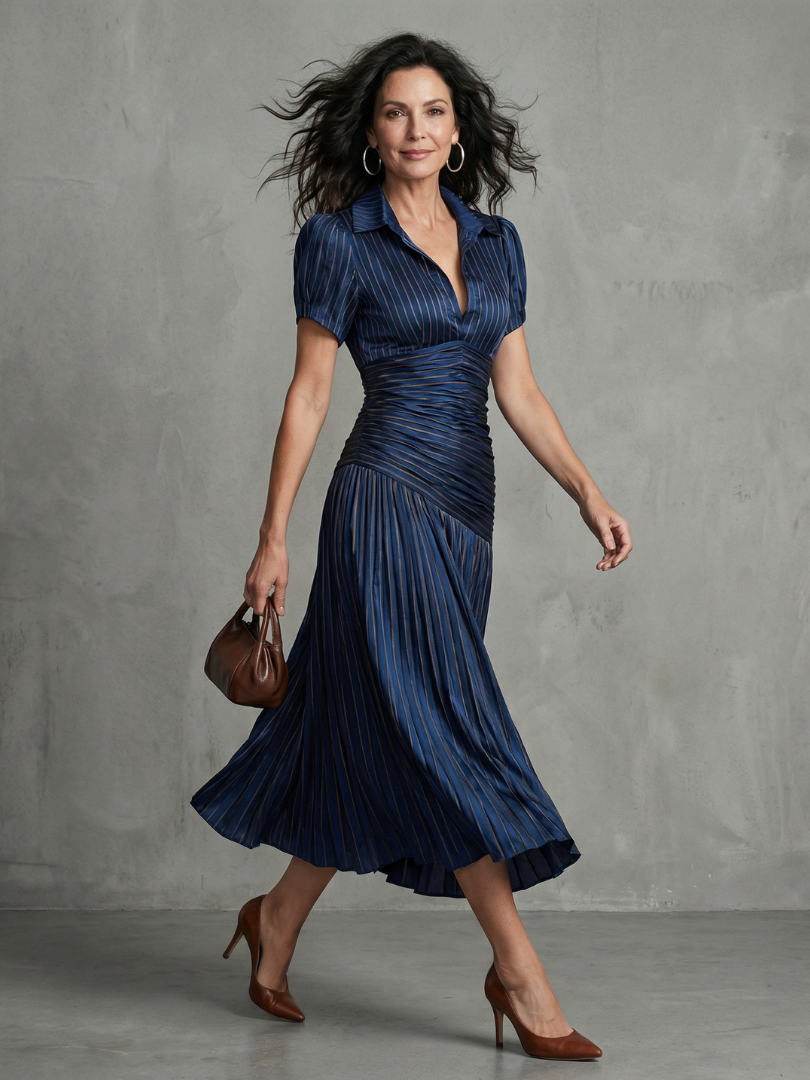 Theodora | Sukienka midi z plisowanym pasem i paskami