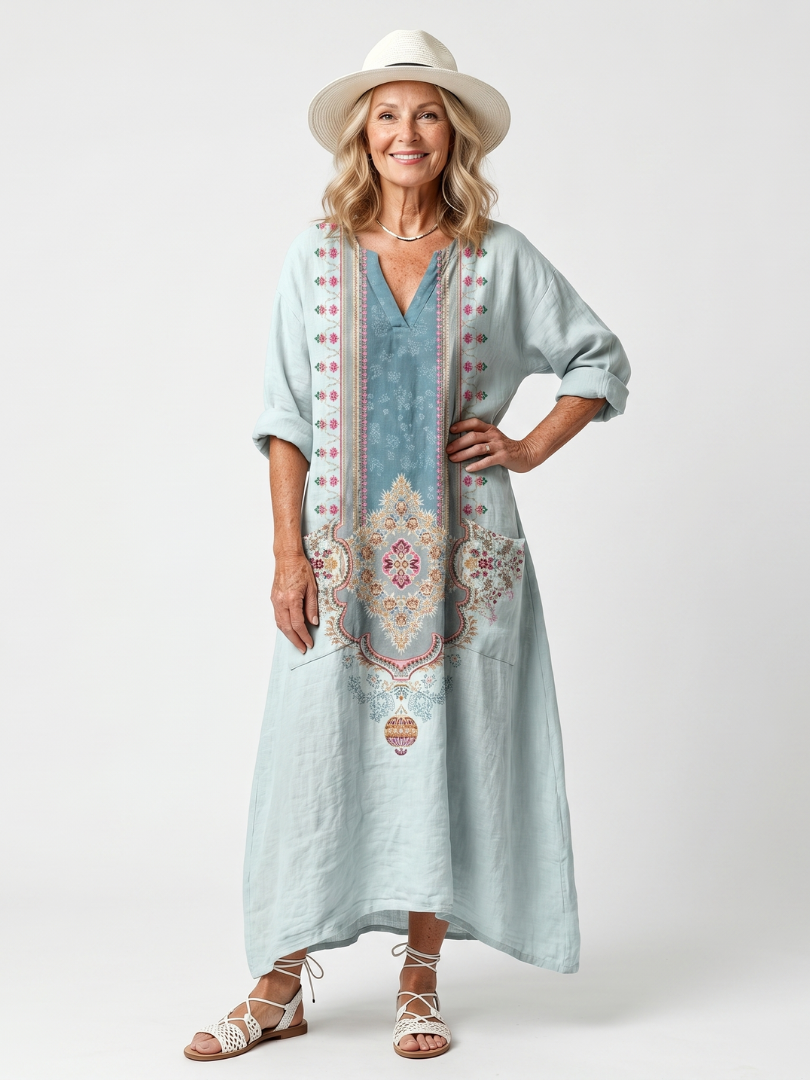 Kassiani | Ornate Panel Haftowana Oversized Sukienka Midi z Kieszeniami