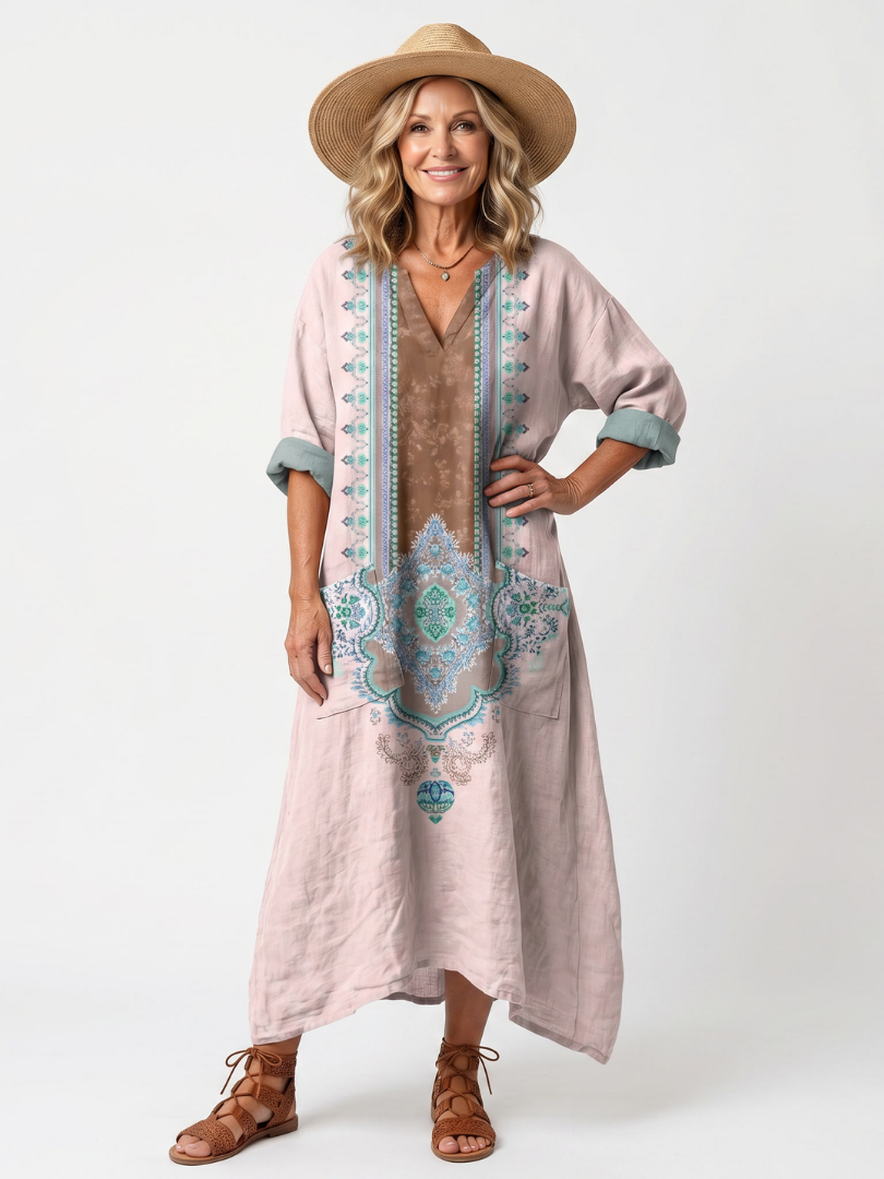 Kenza | Haftowana sukienka midi z luźnymi kieszeniami