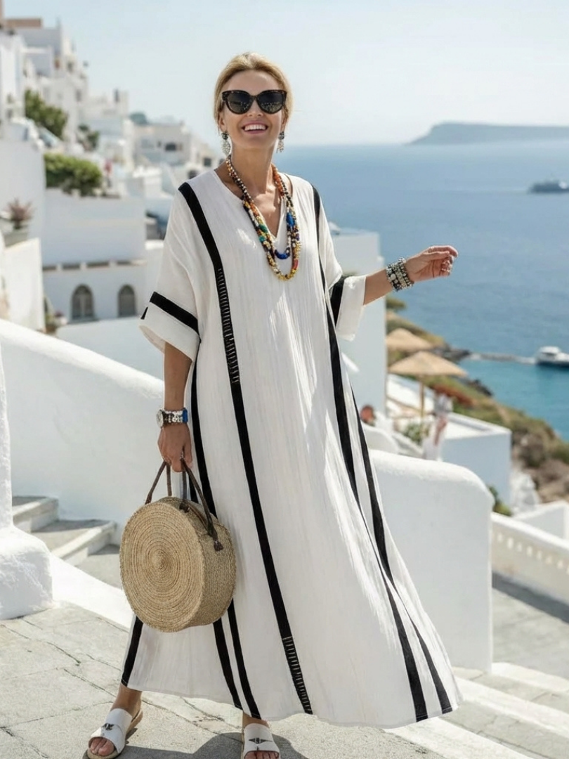 Elvienne | Sukienka maxi z krótkim rękawem w kolorowe pasy