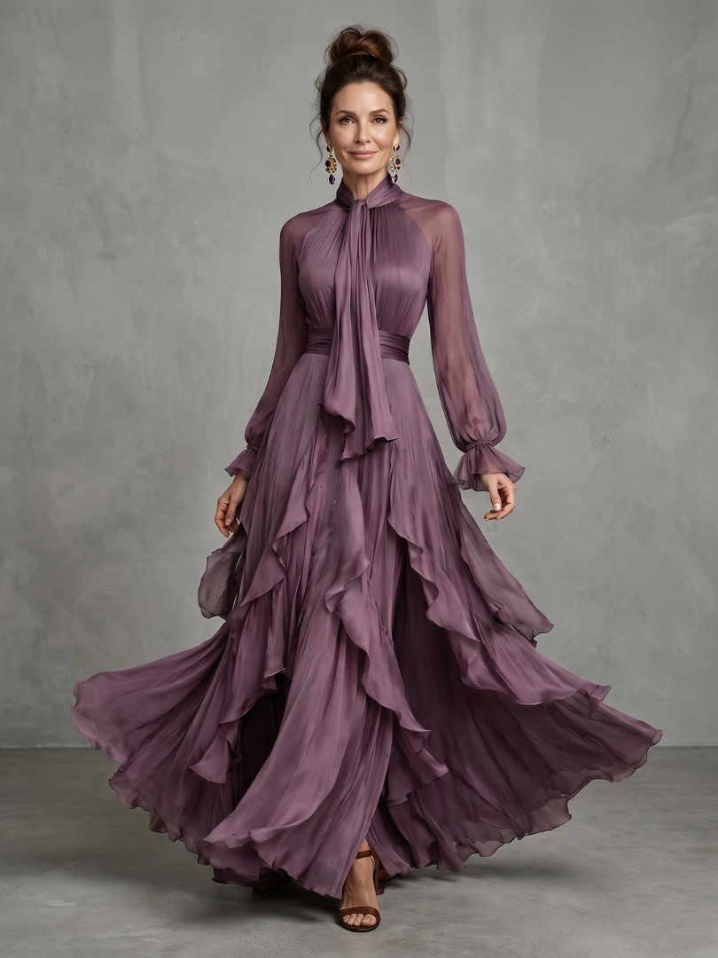 Demetria | Sukienka maxi z falbanami i wiązaniem przy szyi