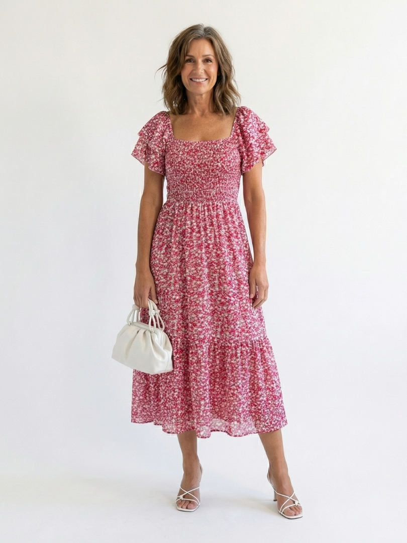 Odette | Sukienka midi z kwiatowym wzorem i odkrytymi ramionami