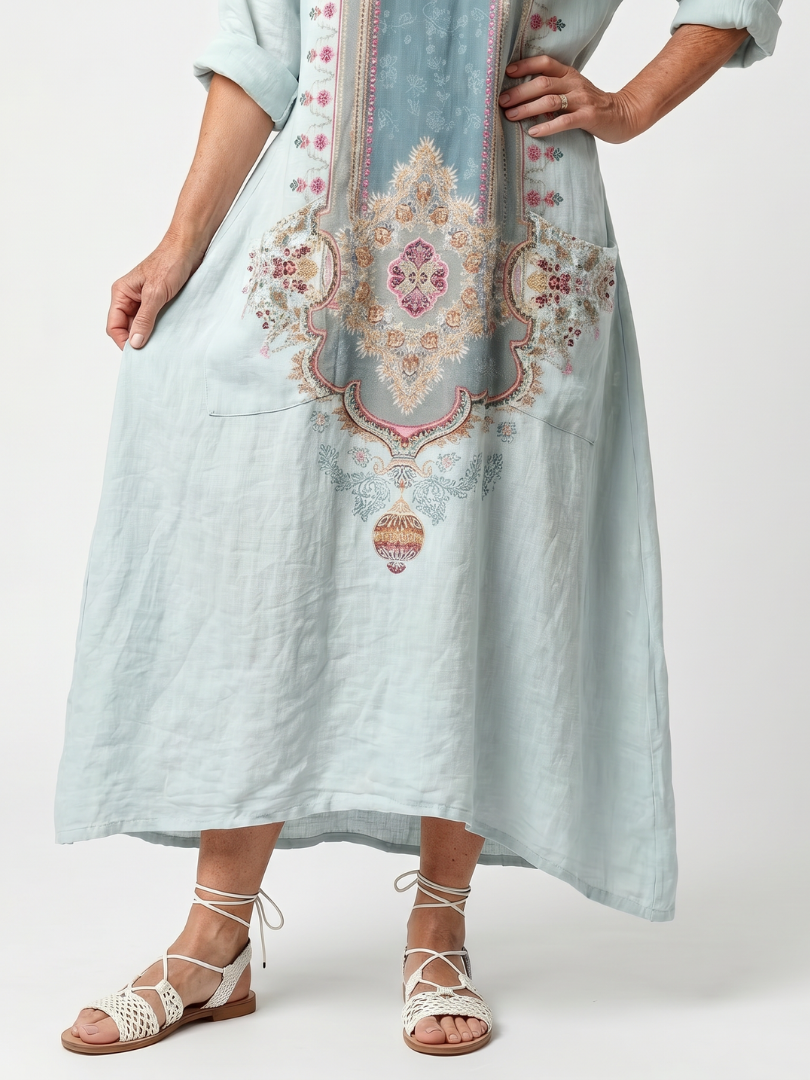 Kassiani | Ornate Panel Haftowana Oversized Sukienka Midi z Kieszeniami