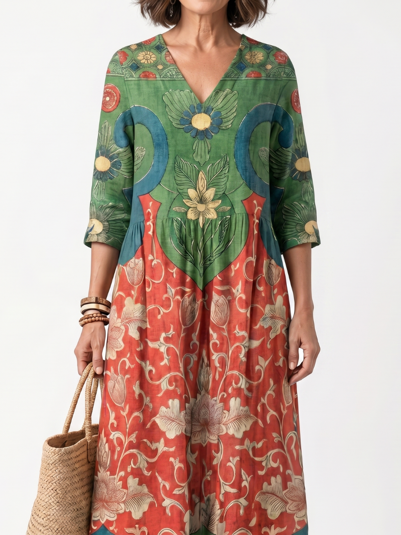 Sloane | Sukienka midi z dekoltem w serek i kieszeniami w różnorodne wzory