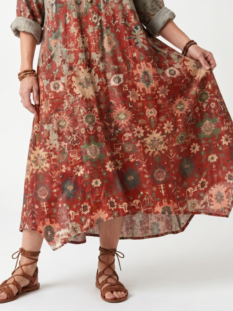 Saffron | Midi sukienka z luźnym krojem i kieszeniami w mieszane wzory