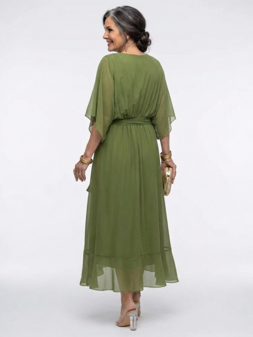 Elysia | Sukienka midi z dekoltem w serek i wiązaniem w talii