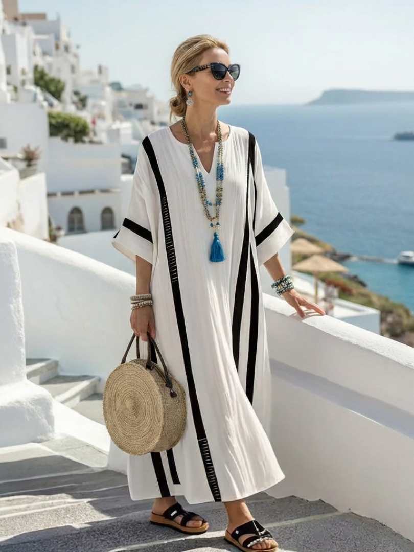 Elvienne | Sukienka maxi z krótkim rękawem w kolorowe pasy