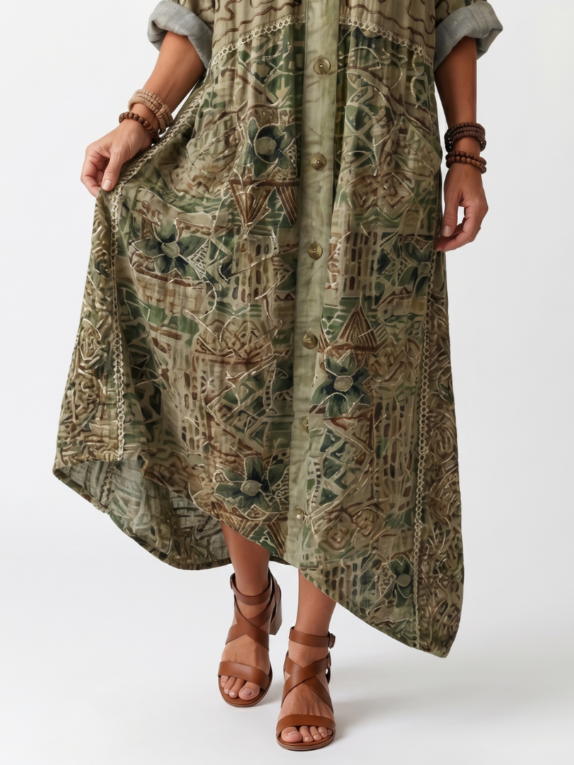 Aleta | Midi sukienka z haftem, z przodu zapinana na guziki, z dużymi kieszeniami