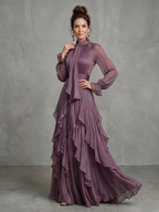 Demetria | Sukienka maxi z falbanami i wiązaniem przy szyi