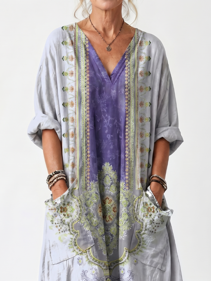 Raina | Sukienka midi z haftowanym panelem kontrastowym i dużymi kieszeniami