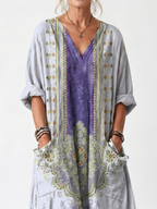 Raina | Sukienka midi z haftowanym panelem kontrastowym i dużymi kieszeniami