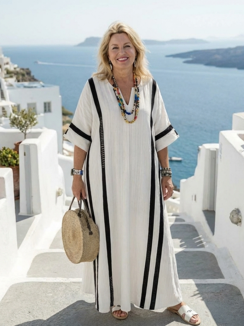 Elvienne | Sukienka maxi z krótkim rękawem w kolorowe pasy