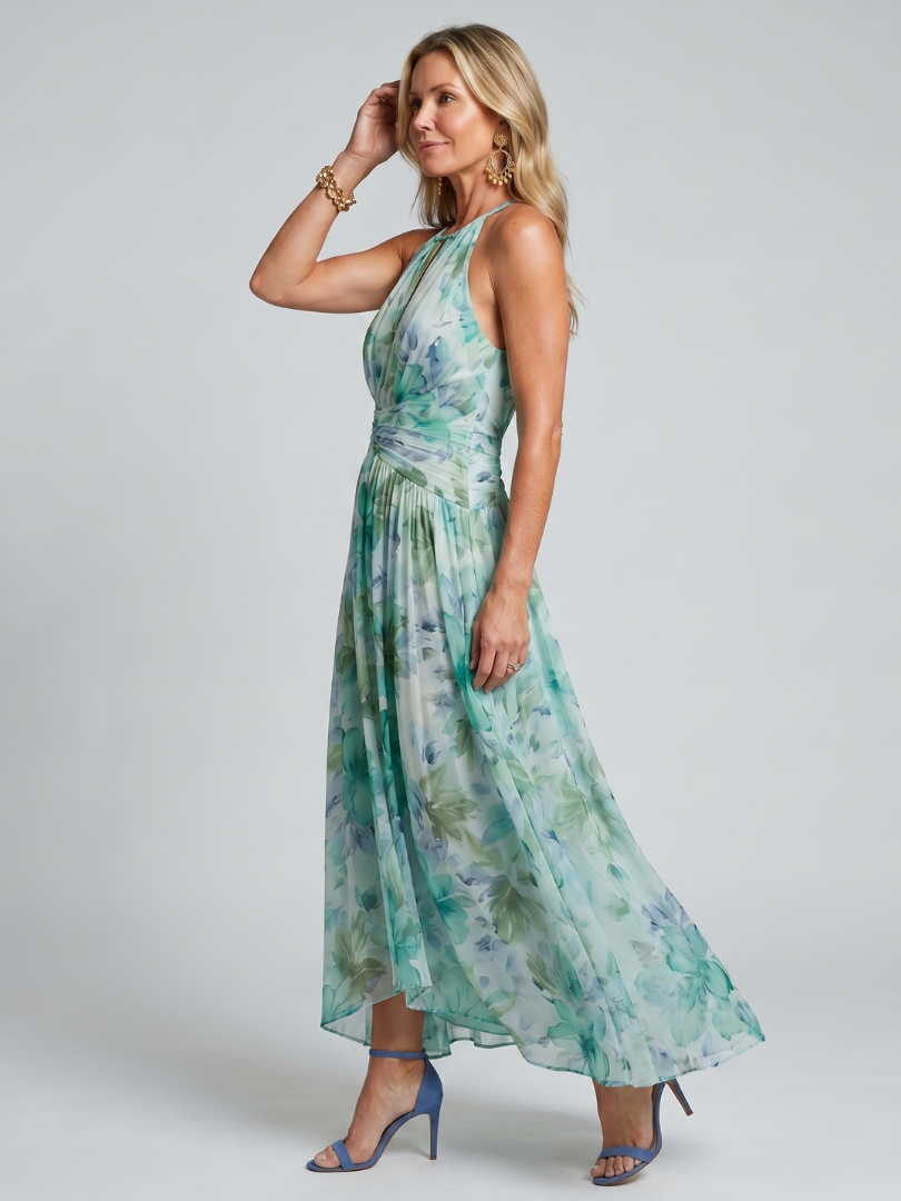 Portia | Midi Sukienka w Kwiatowy Wzór z Faldami na Szyi