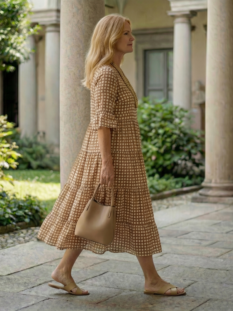 Arlo | Sukienka midi w groszki z falbanami, krótki rękaw