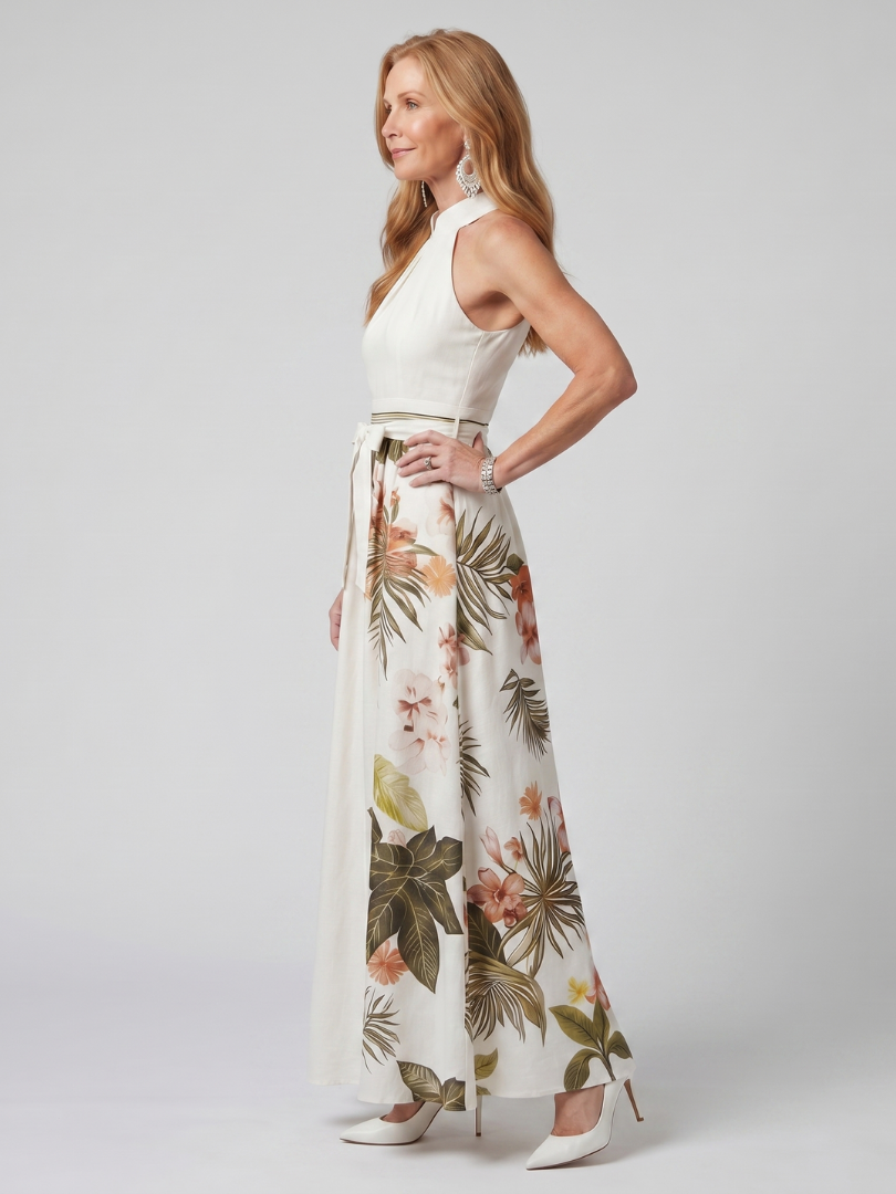 Łąka | Sukienka Maxi z Halterem i Botanicznym Panelem