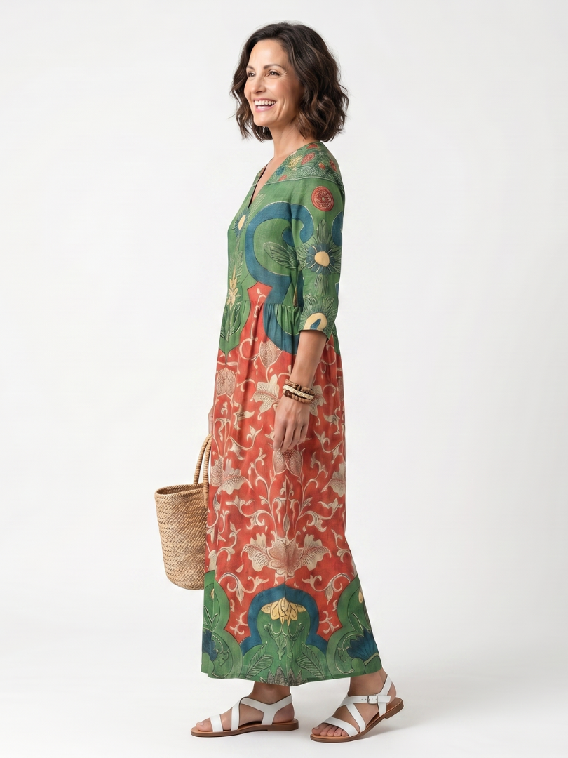 Sloane | Sukienka midi z dekoltem w serek i kieszeniami w różnorodne wzory