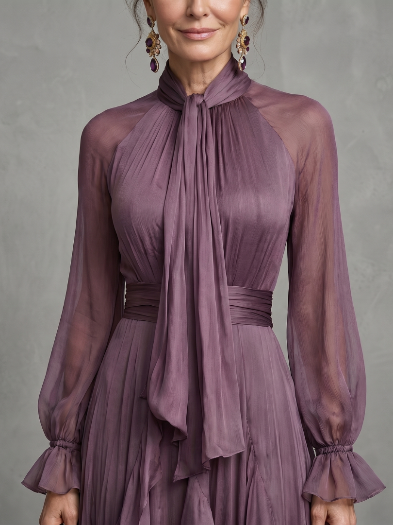 Demetria | Sukienka maxi z falbanami i wiązaniem przy szyi