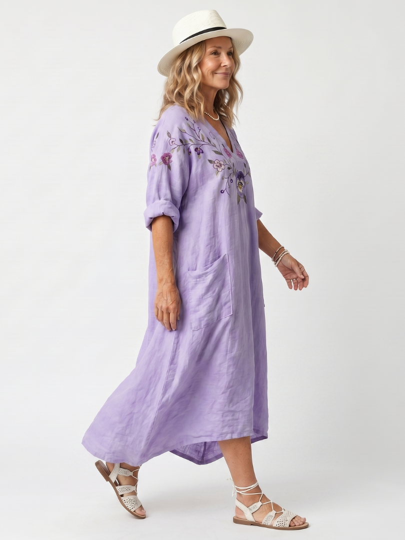 Tavi | Kwiatowa Haftowana Oversized Midi Sukienka z Kieszeniami