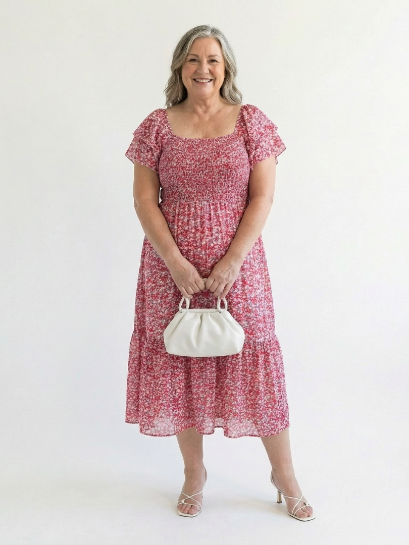 Odette | Sukienka midi z kwiatowym wzorem i odkrytymi ramionami