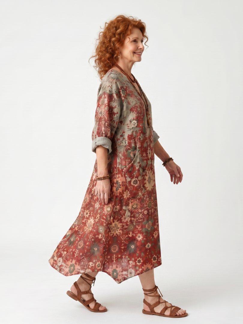 Saffron | Midi sukienka z luźnym krojem i kieszeniami w mieszane wzory