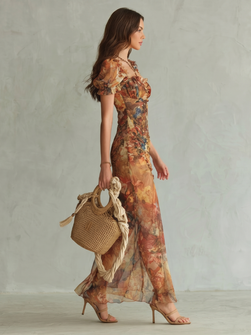 Ciel | Sukienka midi z marszczeniem i falbaniastymi rękawami