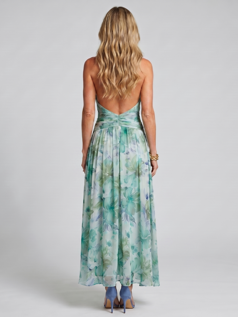 Portia | Midi Sukienka w Kwiatowy Wzór z Faldami na Szyi