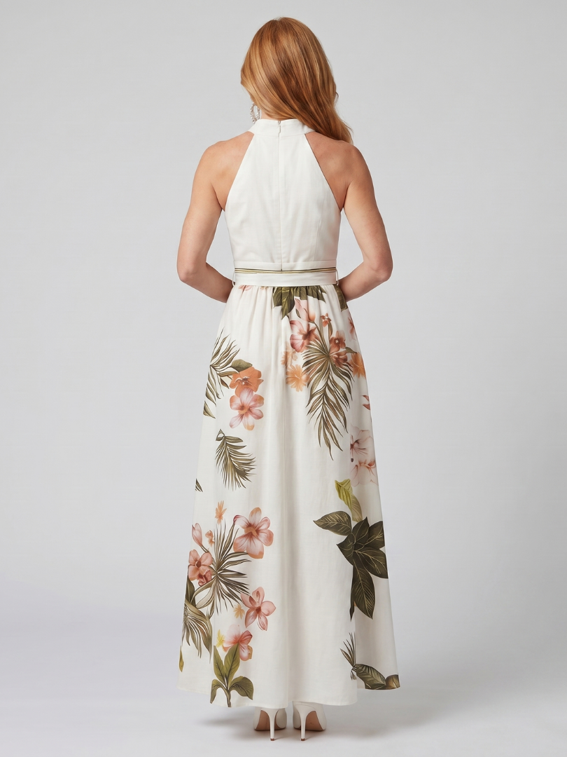 Łąka | Sukienka Maxi z Halterem i Botanicznym Panelem