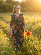 Cyrus | Swobodna Sukienka Midi w Kwiaty