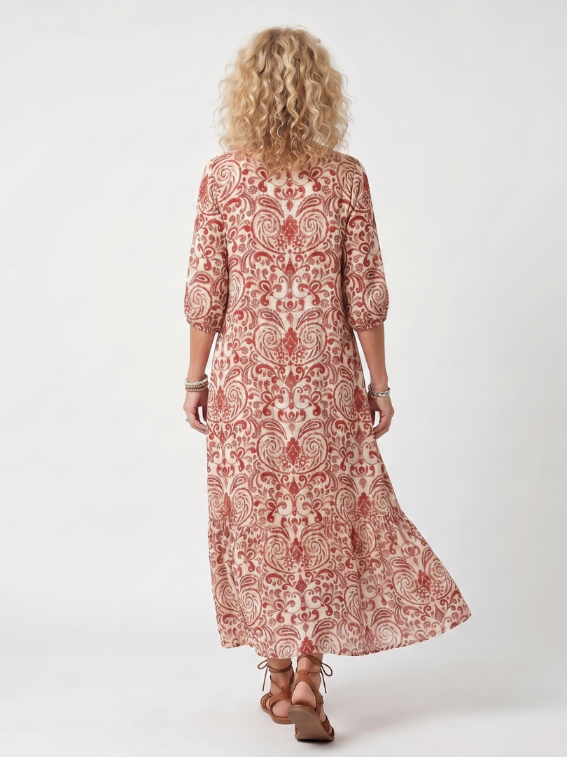 Noelle | Sukienka midi z ozdobnym nadrukiem i frędzlami