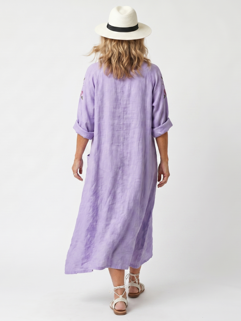 Tavi | Kwiatowa Haftowana Oversized Midi Sukienka z Kieszeniami