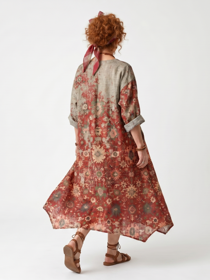 Saffron | Midi sukienka z luźnym krojem i kieszeniami w mieszane wzory