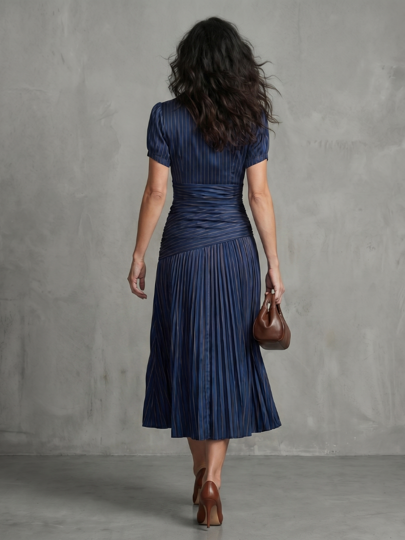 Theodora | Sukienka midi z plisowanym pasem i paskami