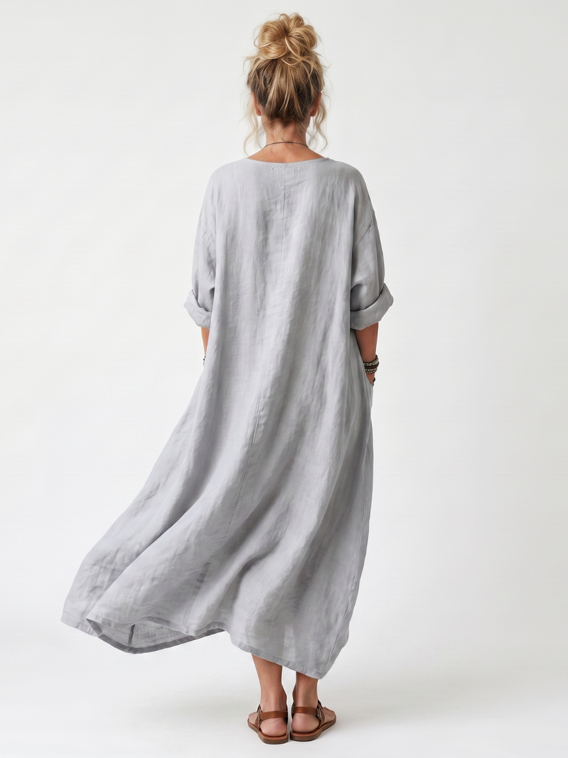 Raina | Sukienka midi z haftowanym panelem kontrastowym i dużymi kieszeniami