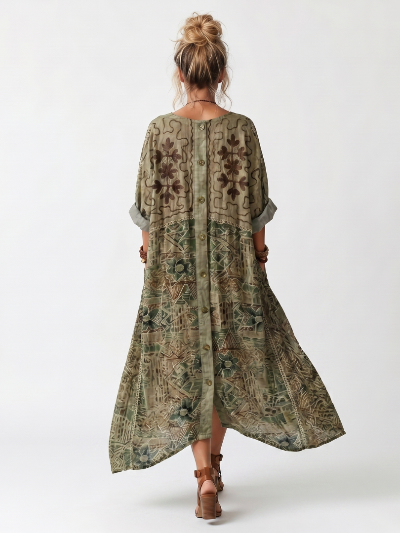 Aleta | Midi sukienka z haftem, z przodu zapinana na guziki, z dużymi kieszeniami