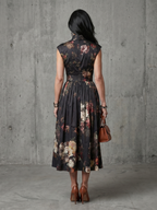 Greta | Sukienka Midi z Kwiatowym Wzorem i Pleceniem przy Wysokim Dekolcie