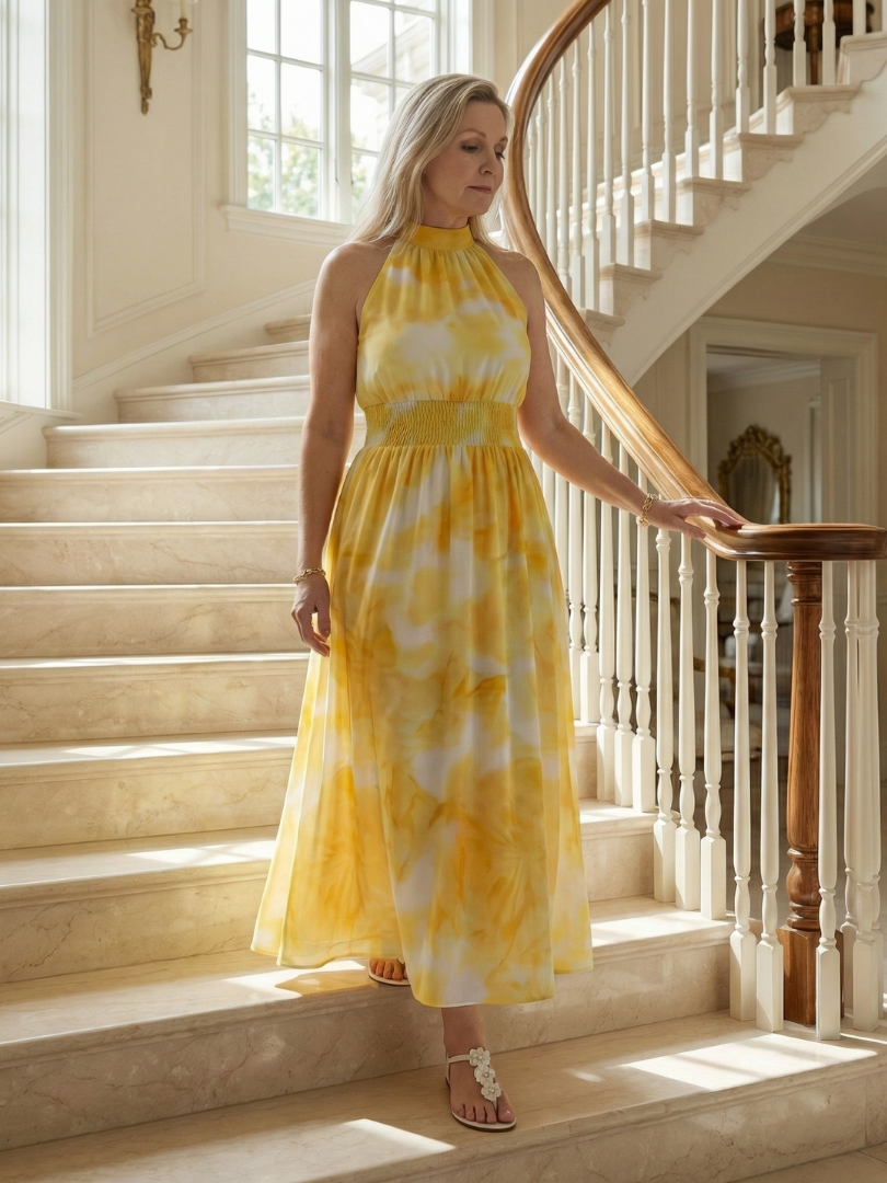 Sylin | Midi Sukienka z Halterem i Marszczeniem