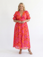 Wierzba | Kwiatowa Sukienka Midi z Dekoltem w Serek i Bufiastymi Rękawami