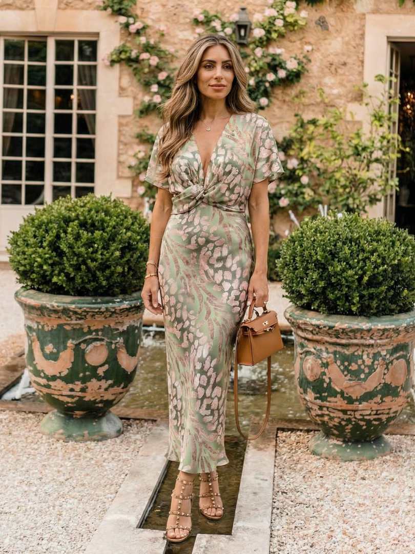 Coralie | Sukienka midi z dekoltem w serek i skręconym pasem