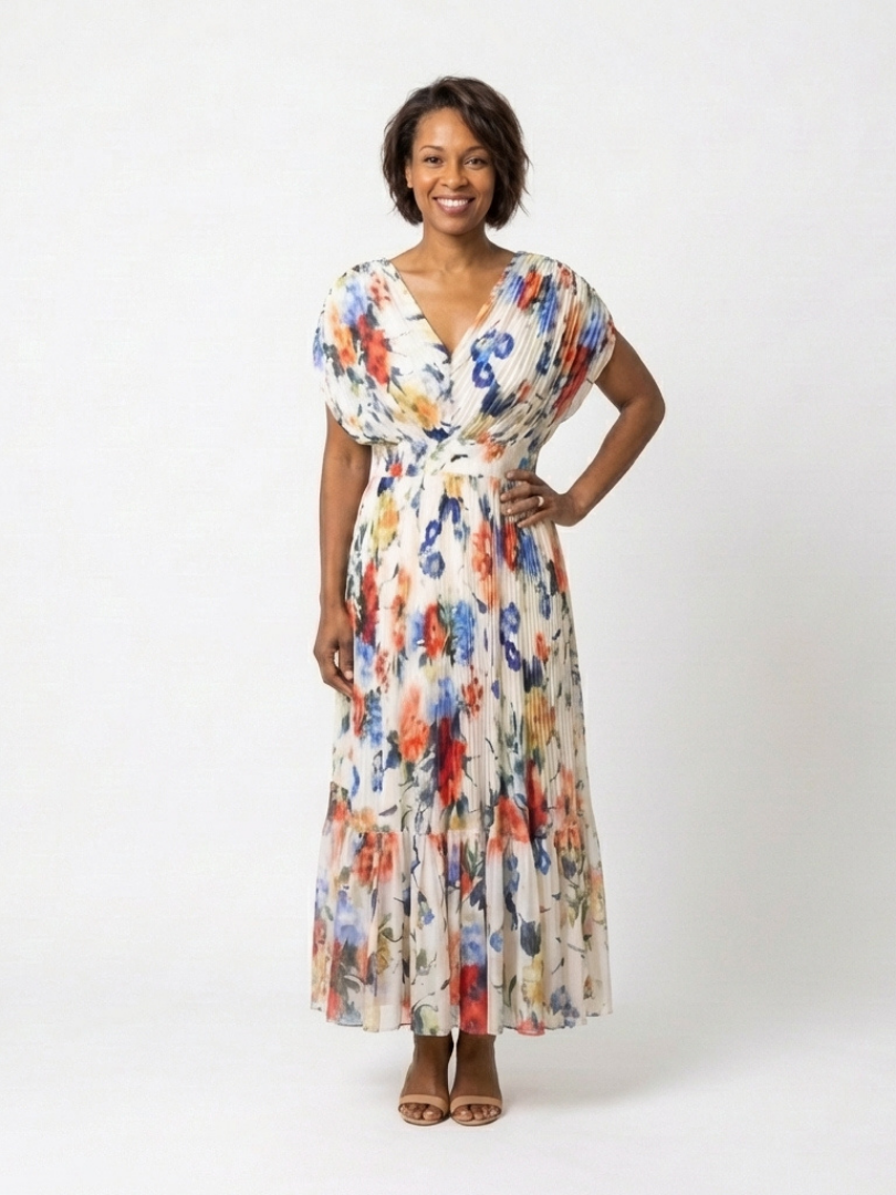 Savannah | Krótka Sukienka Midi z Faldami i Kwiatowym Wzorem