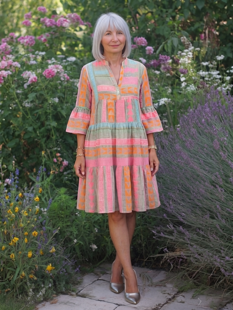 Maelle | Sukienka z geometrycznym nadrukiem, dekolt w serek, warstwowa, do kolan