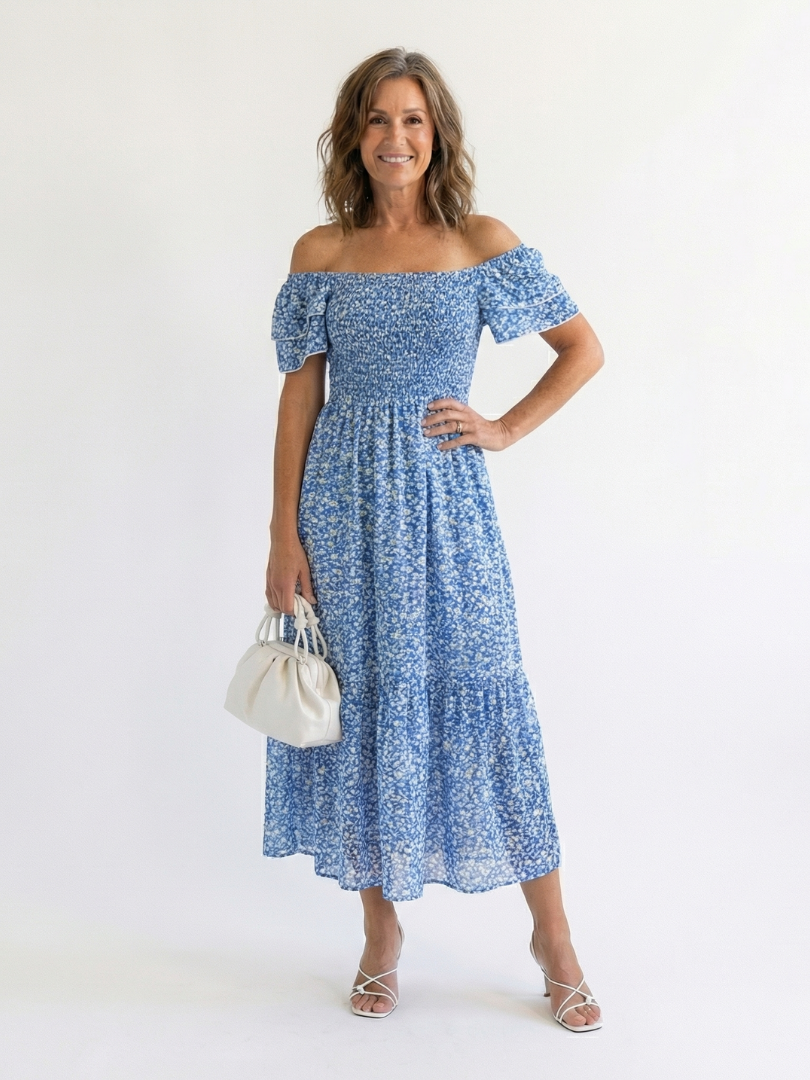 Odette | Sukienka midi z kwiatowym wzorem i odkrytymi ramionami