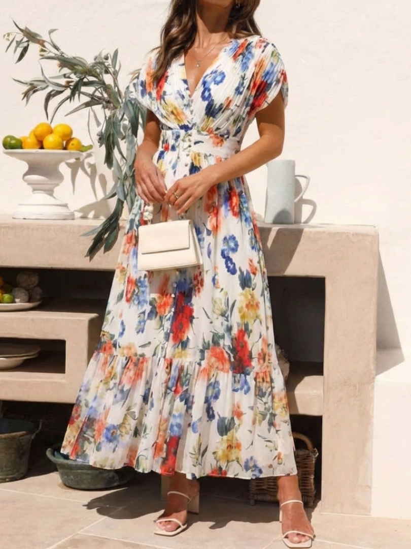 Savannah | Krótka Sukienka Midi z Faldami i Kwiatowym Wzorem