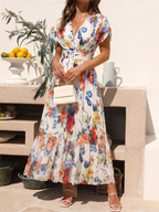 Savannah | Krótka Sukienka Midi z Faldami i Kwiatowym Wzorem