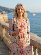 Julien | Kwiatowa Midi Sukienka w Jasnym Odcieniu