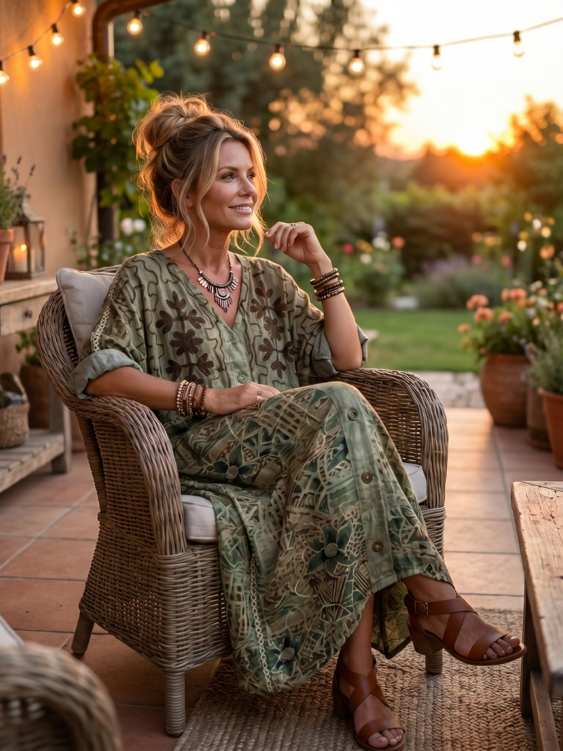 Aleta | Midi sukienka z haftem, z przodu zapinana na guziki, z dużymi kieszeniami