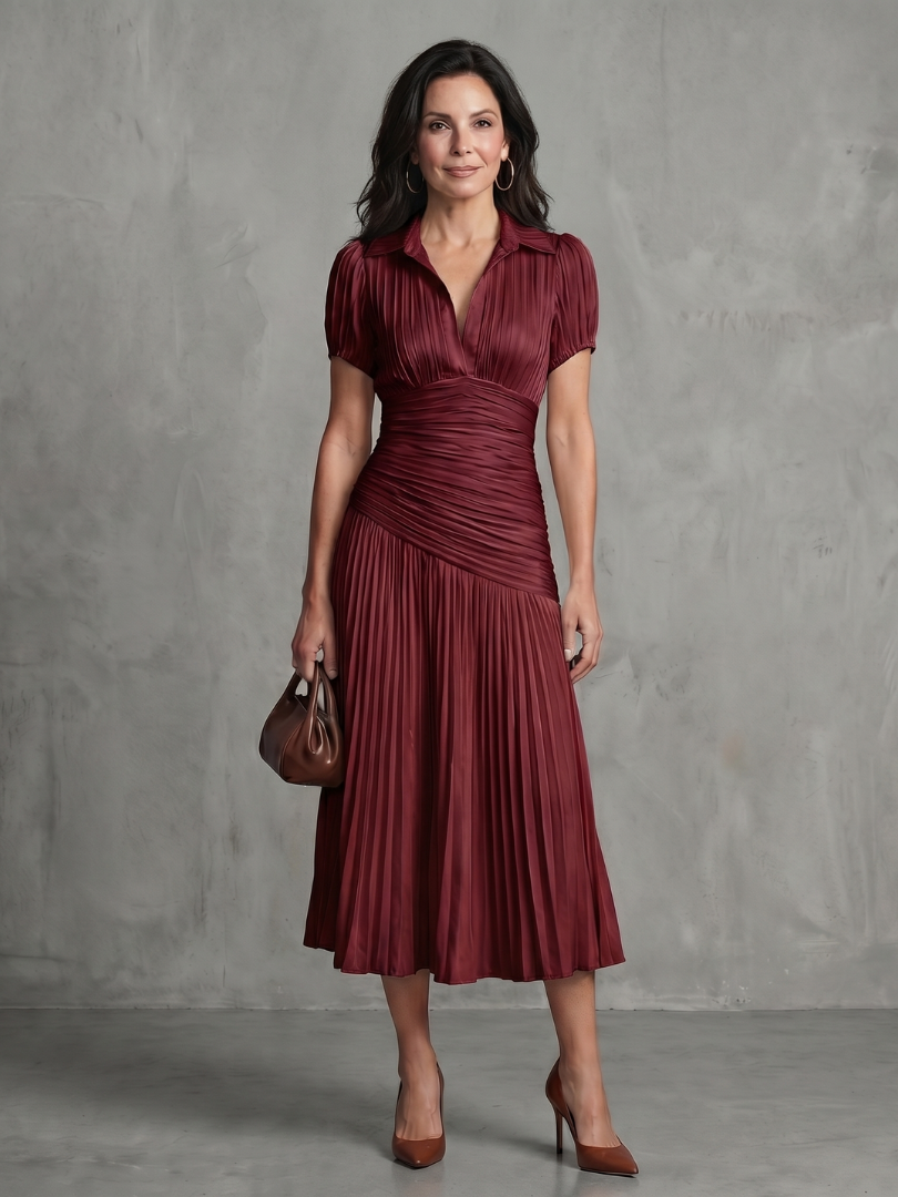 Theodora | Sukienka midi z plisowanym pasem i paskami