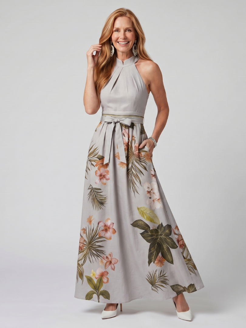Łąka | Sukienka Maxi z Halterem i Botanicznym Panelem